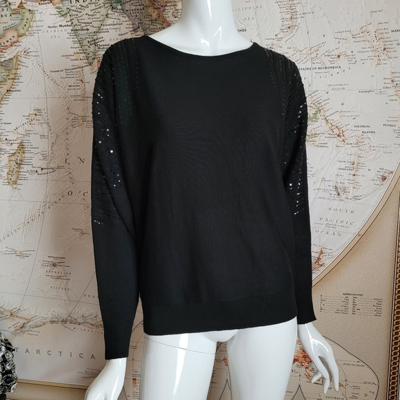 Tahari Sweaters - Tahari T crew neck black sweater sequin detail raglan sleeve mob wife cozy NWT M